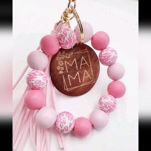 Pink Leopard Print Wooden Beaded Bracelet w/ Mama Tag